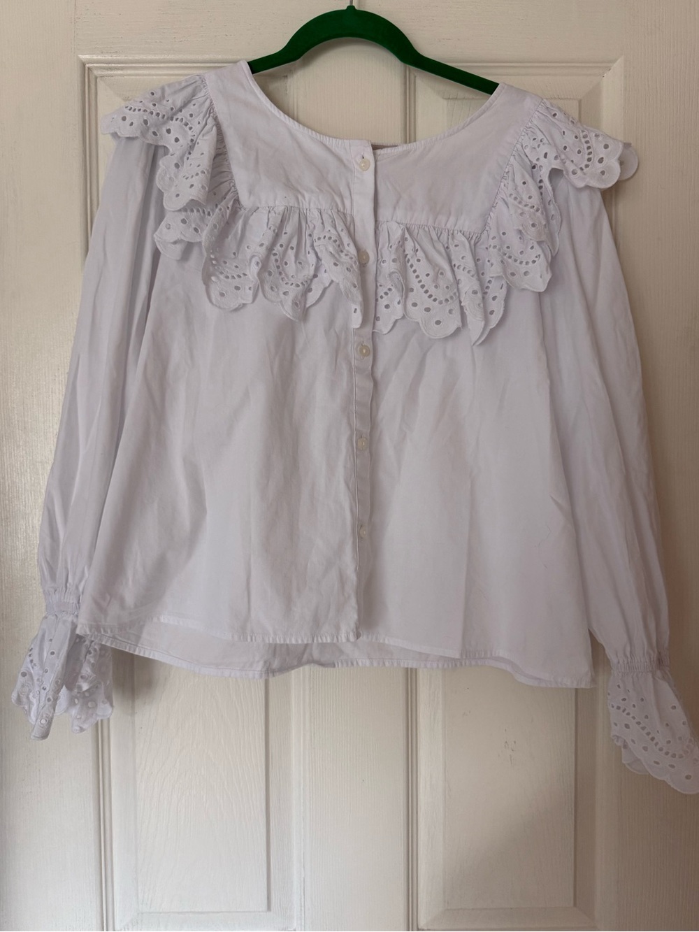 Loft White Eyelet Ruffle Cotton Long sleeve button front blouse - Women’s large